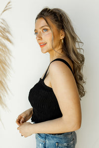 mode, shirred ruffle crop tank