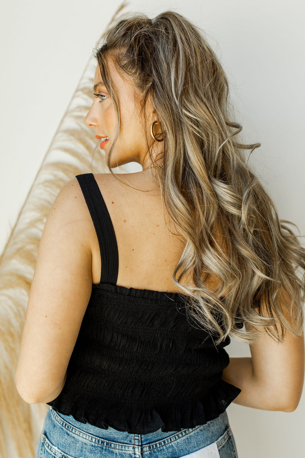 mode, shirred ruffle crop tank