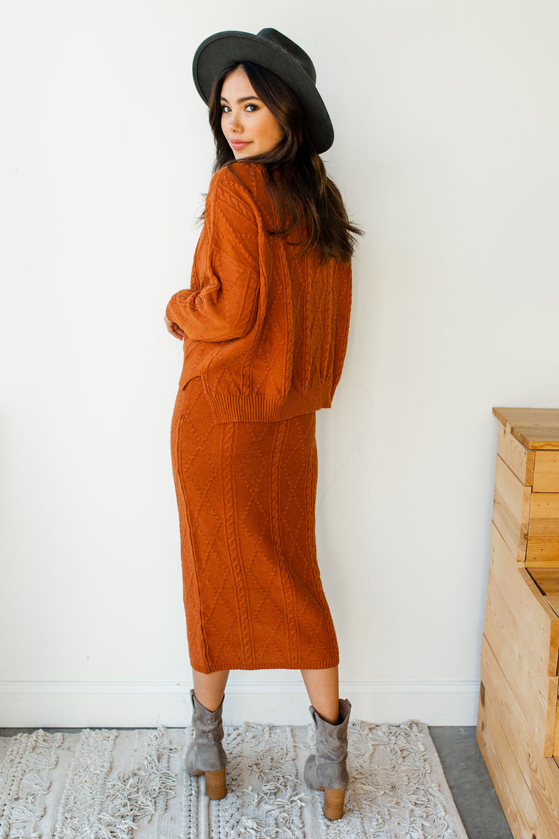 mode, fa la la la cableknit sweater set (skirt)