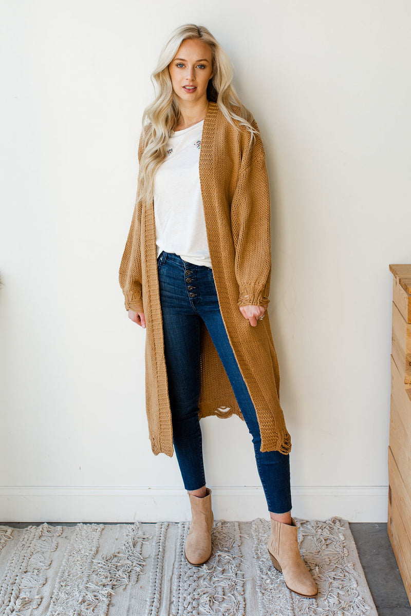 mode, distressed long cardi