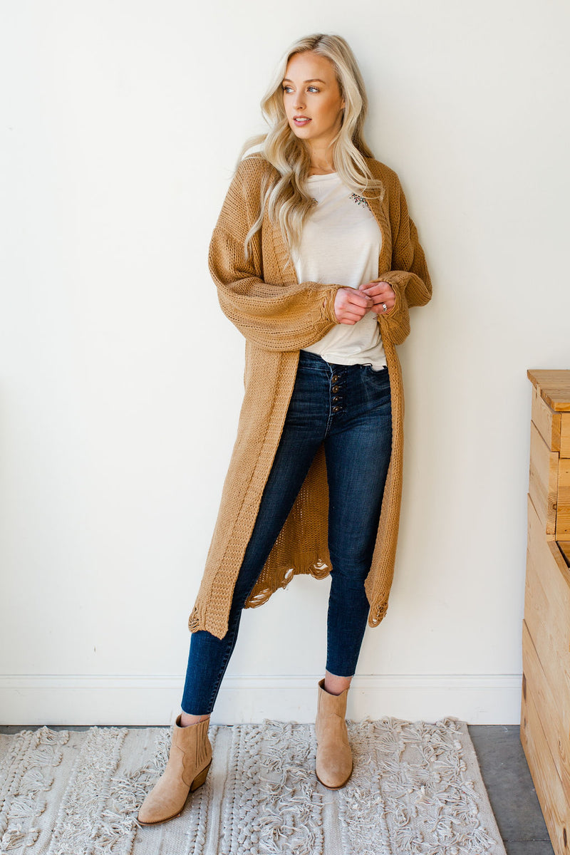 mode, distressed long cardi