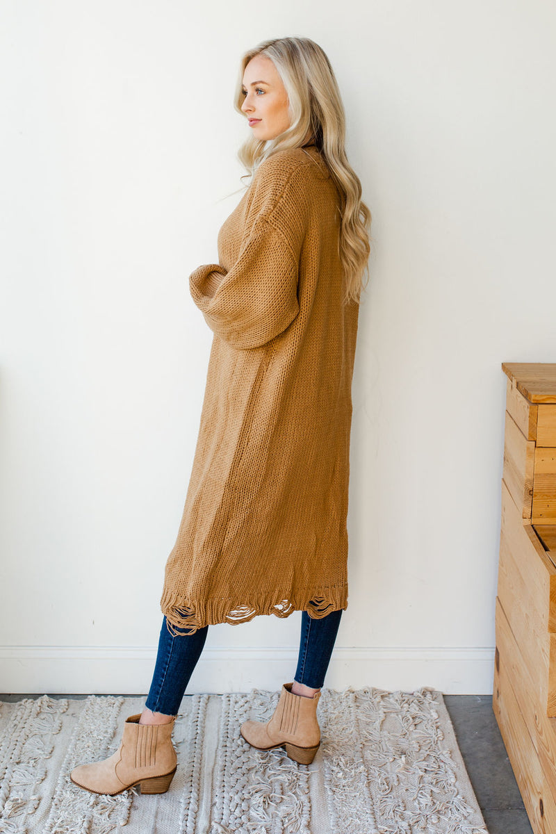 mode, distressed long cardi