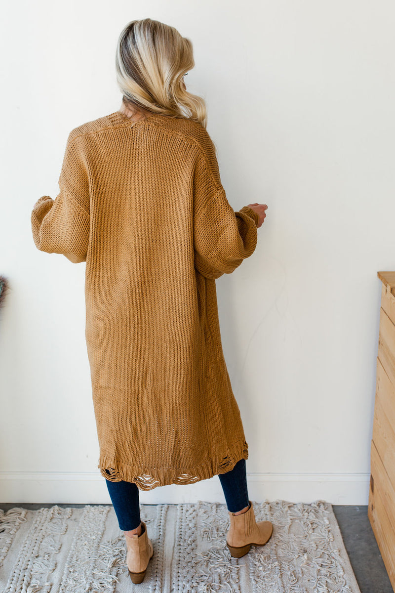 mode, distressed long cardi