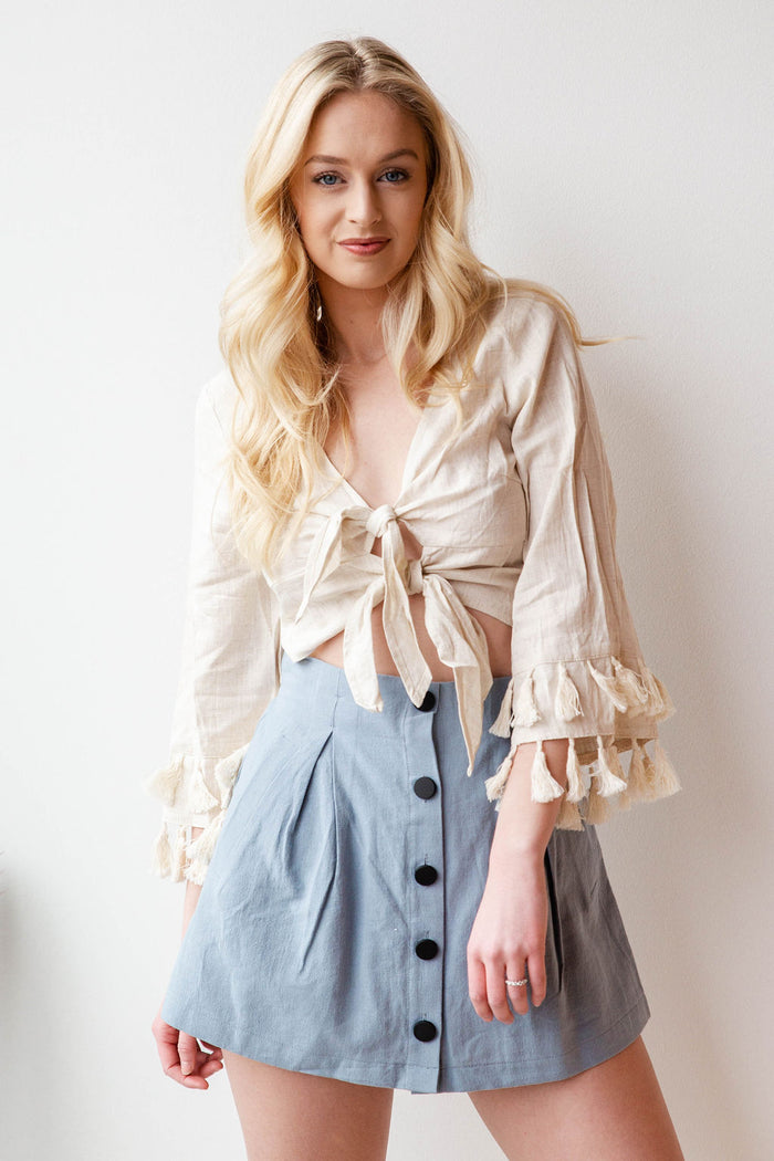 mode, tassel tie front top