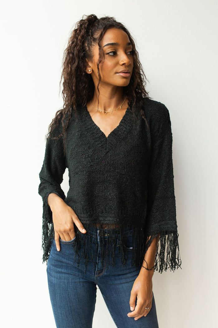 mode, fringe all around sweater