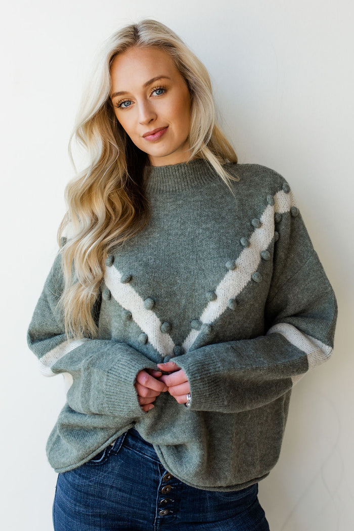 mode, mock neck pom pom sweater