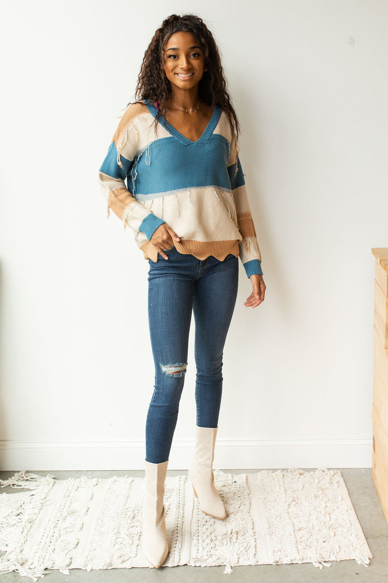 mode, distressed colorblock sweater