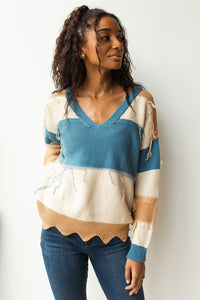mode, distressed colorblock sweater