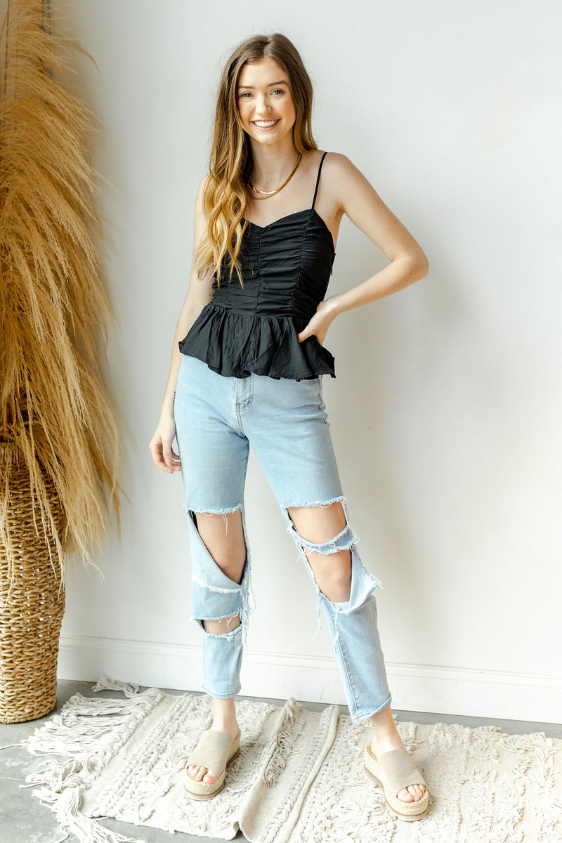 mode, rouched spaghetti strap top