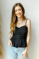 mode, rouched spaghetti strap top
