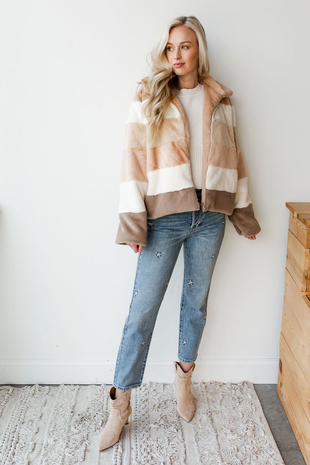 mode, soft neutrals furry jacket