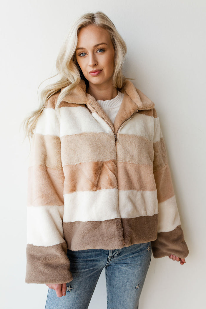 mode, soft neutrals furry jacket
