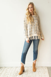 mode, fringed tweed sweater