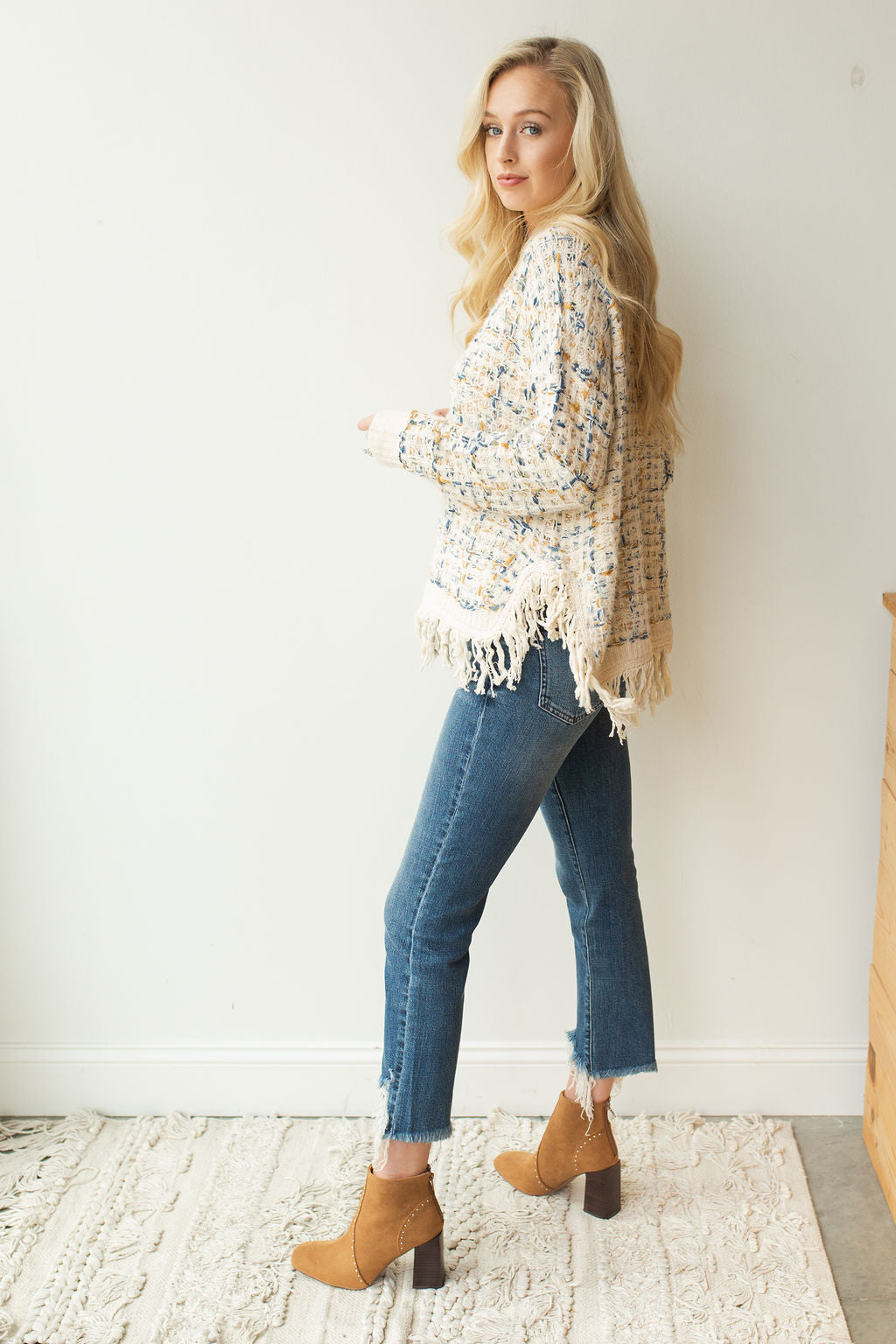 mode, fringed tweed sweater