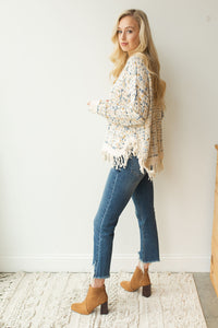 mode, fringed tweed sweater