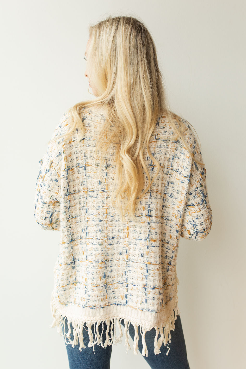 mode, fringed tweed sweater