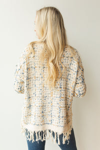 mode, fringed tweed sweater