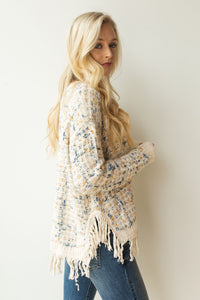 mode, fringed tweed sweater