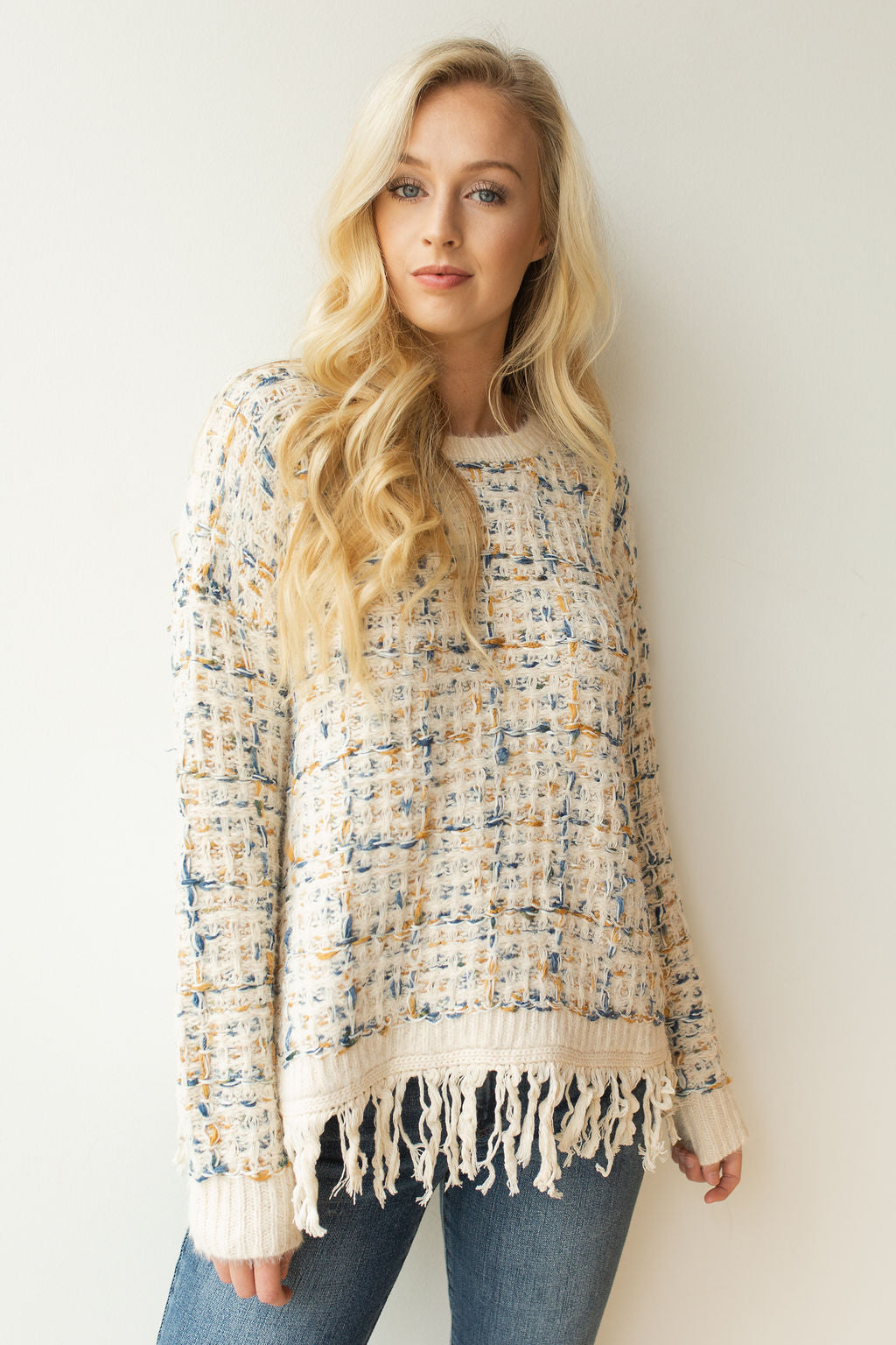 mode, fringed tweed sweater