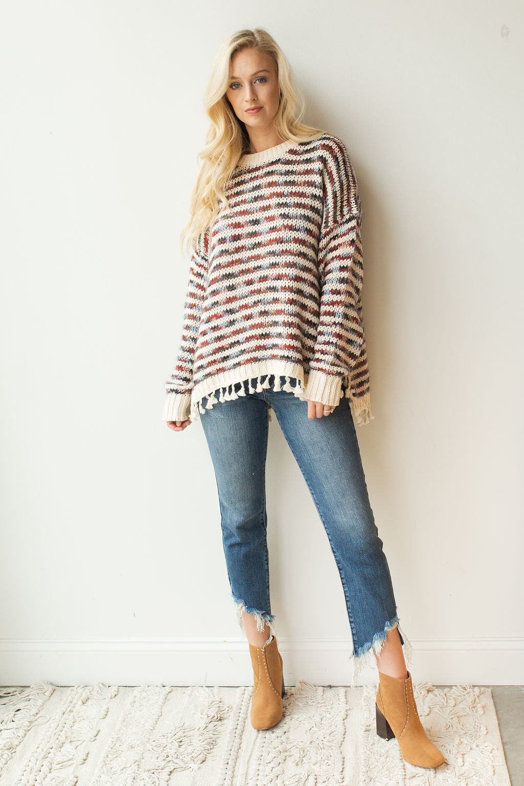 mode, color mix tassel trim pullover