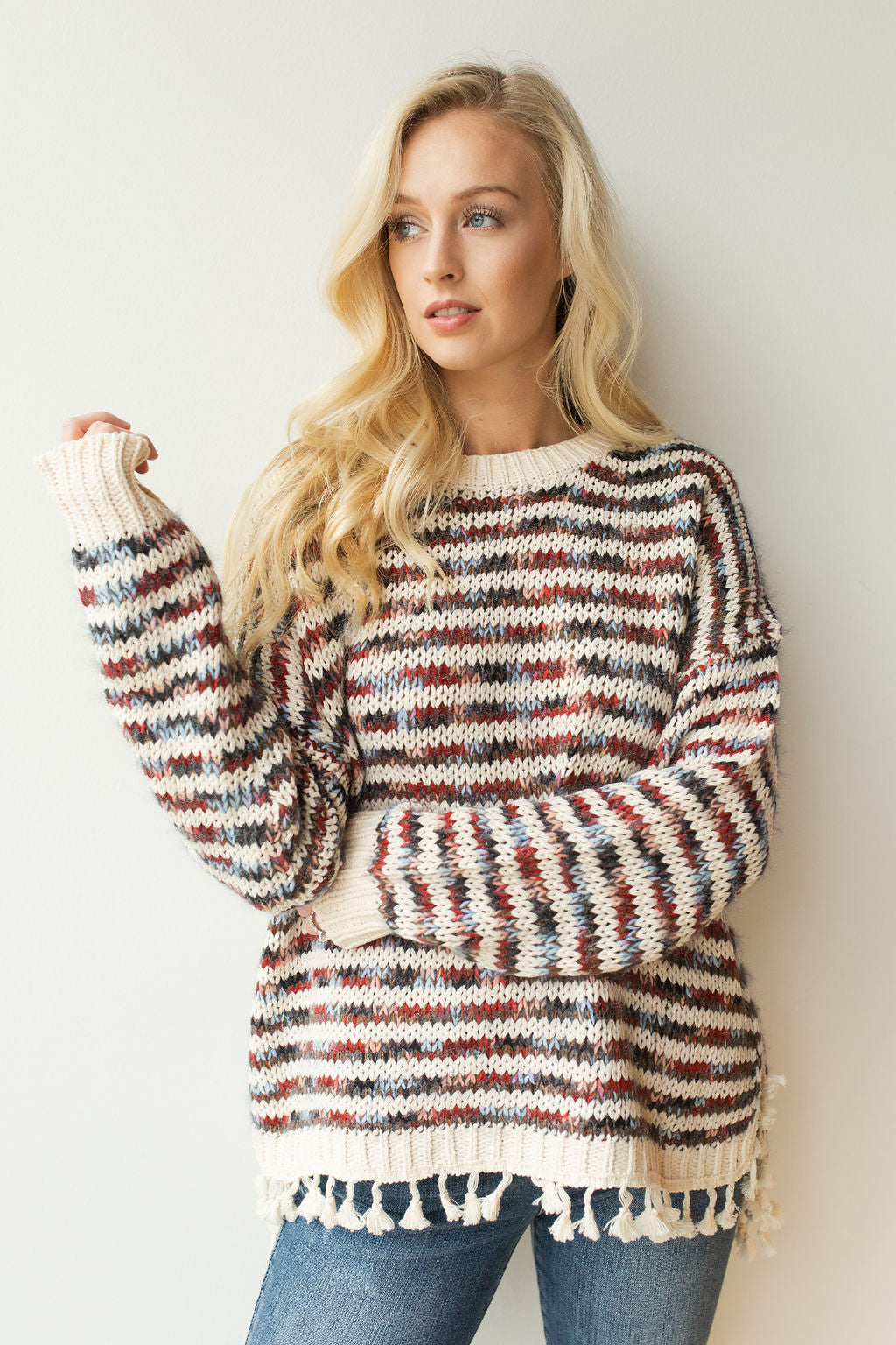 mode, color mix tassel trim pullover