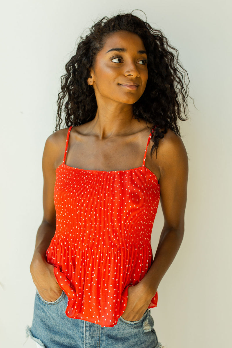 mode, red hot pleated tank