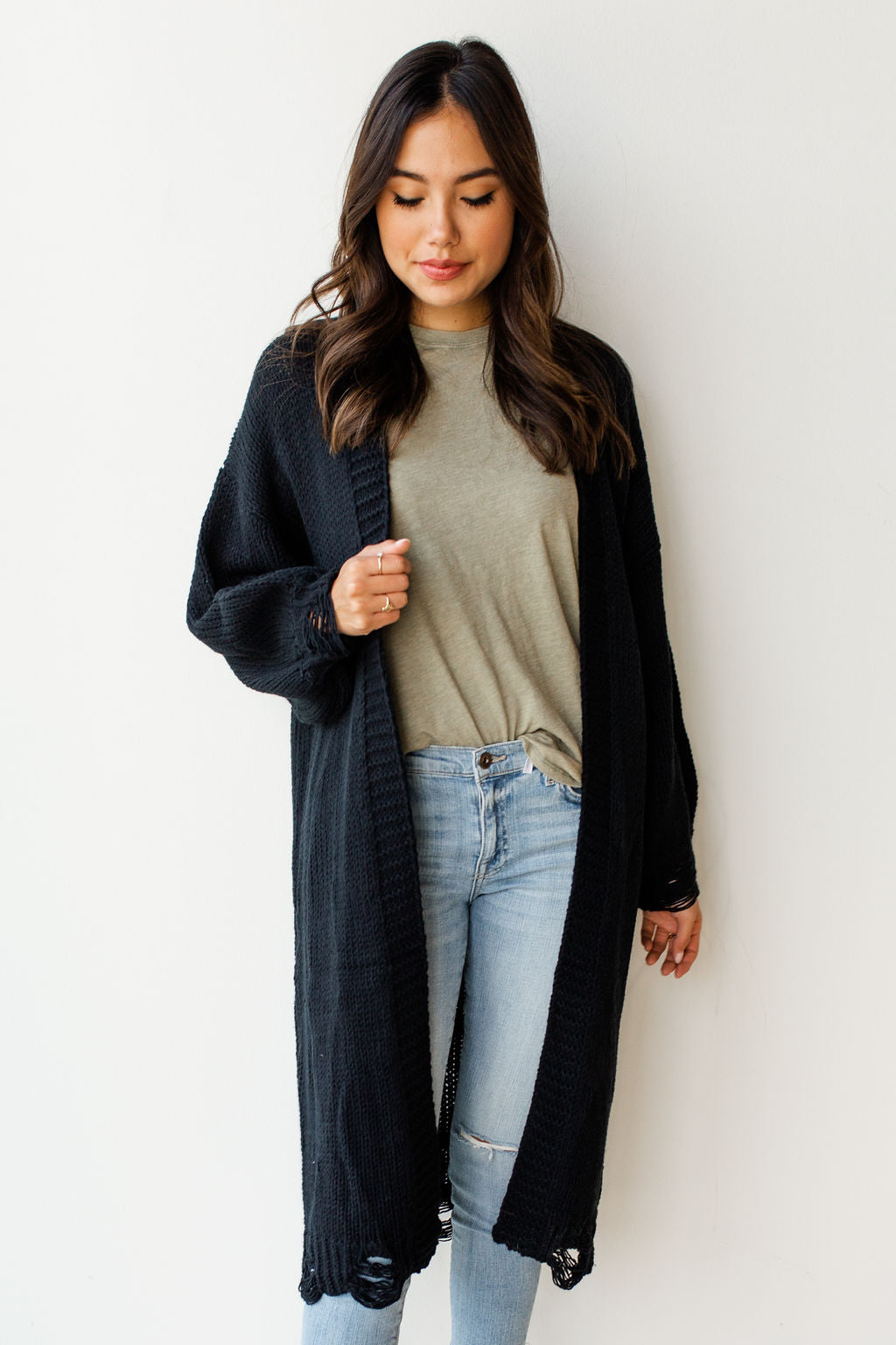 mode, distressed long cardi