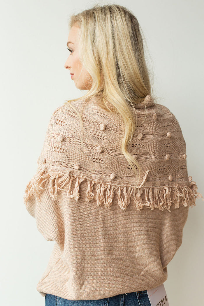 mode, pom pom + fringe combo sweater