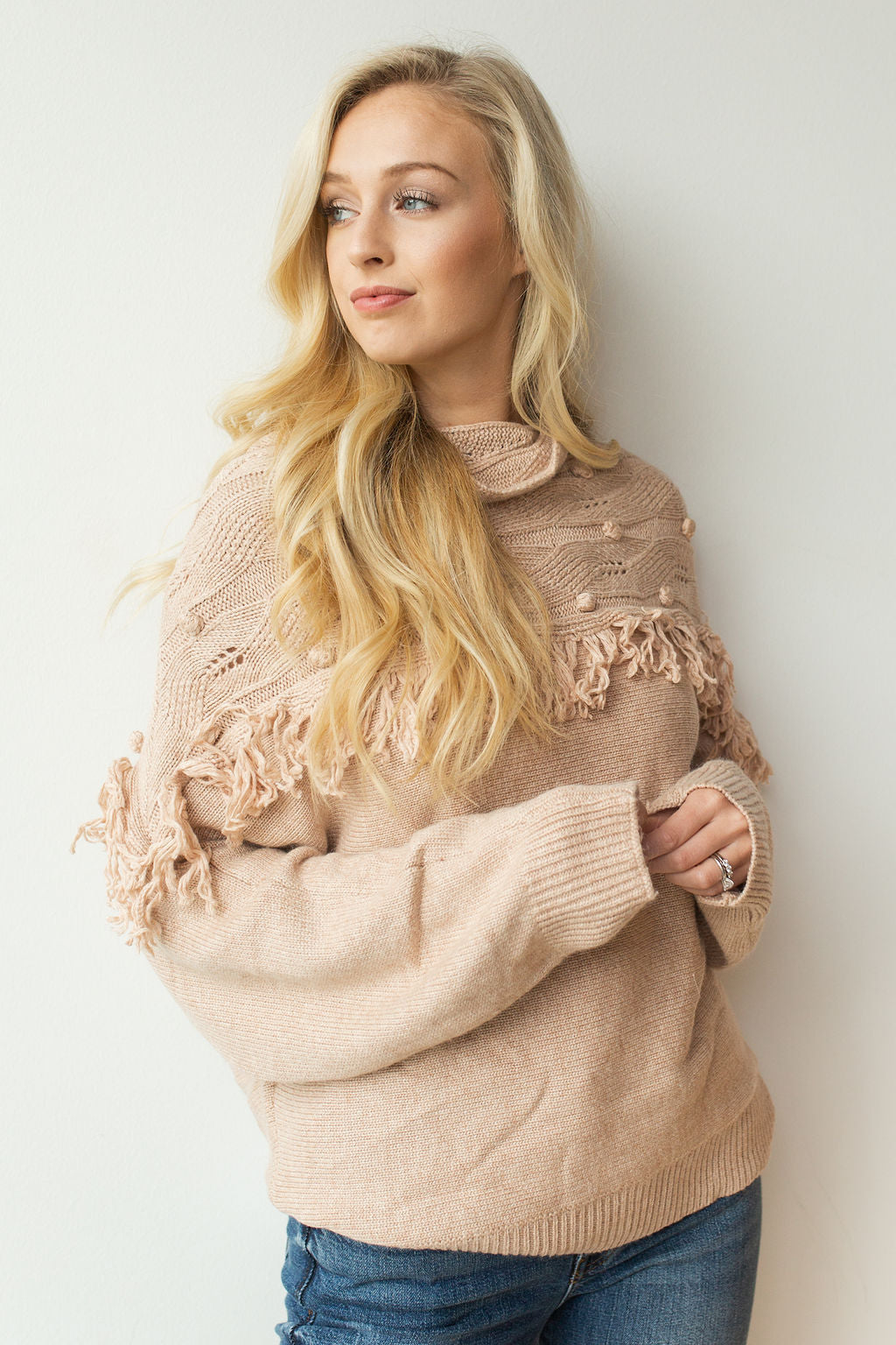 mode, pom pom + fringe combo sweater