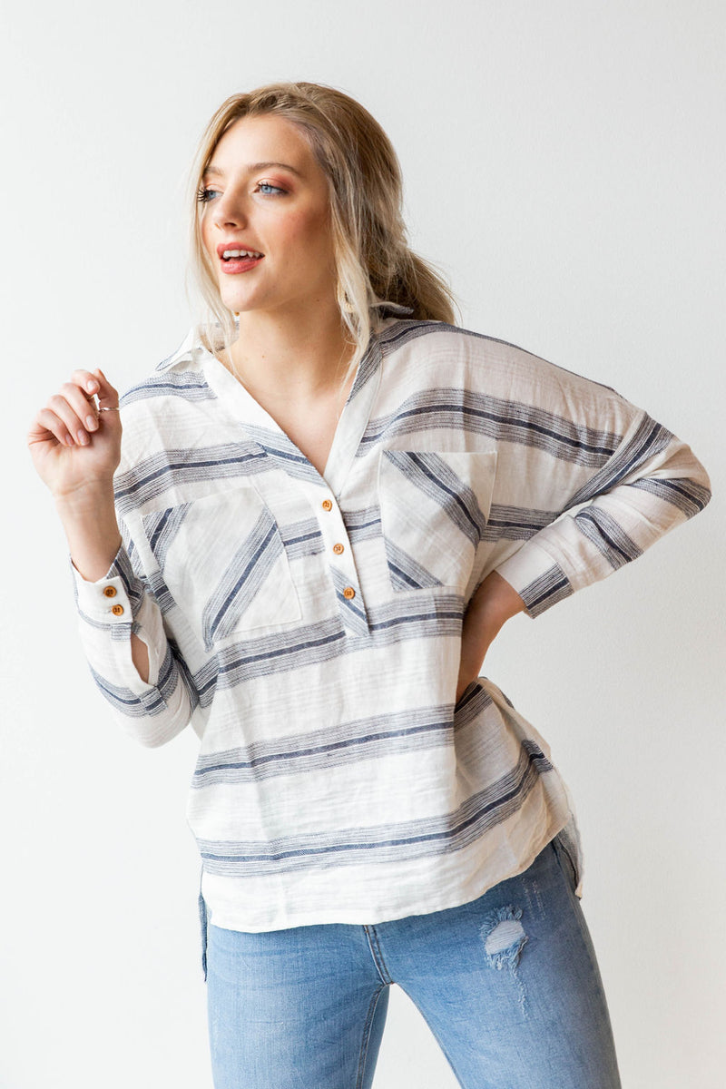 mode, linen gauze stripe shirt