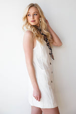 mode, linen button up shift dress