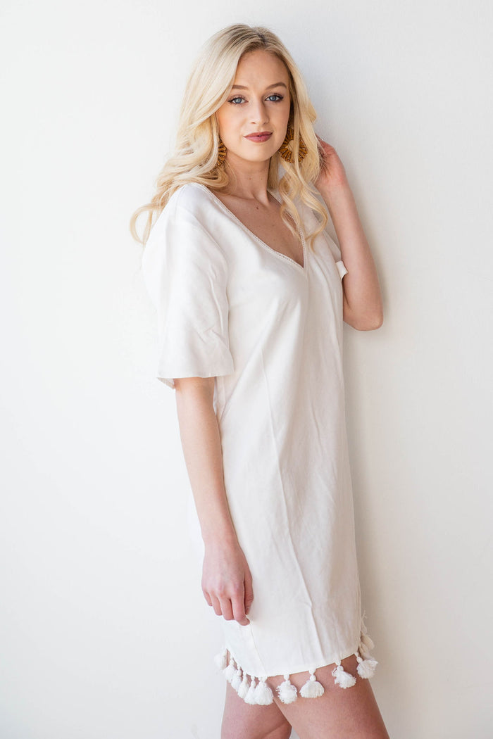 mode, tassel trim shift dress