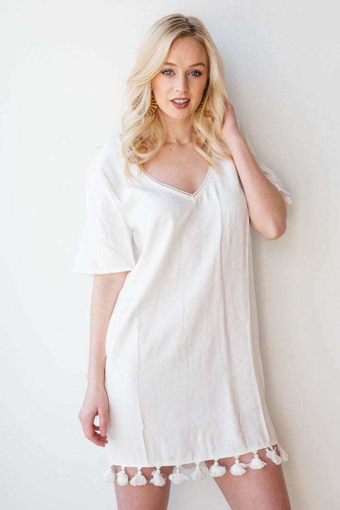 mode, tassel trim shift dress