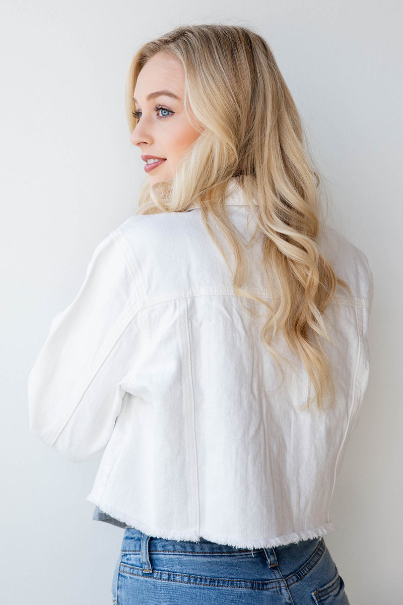 mode, majority wins raw hem denim jacket