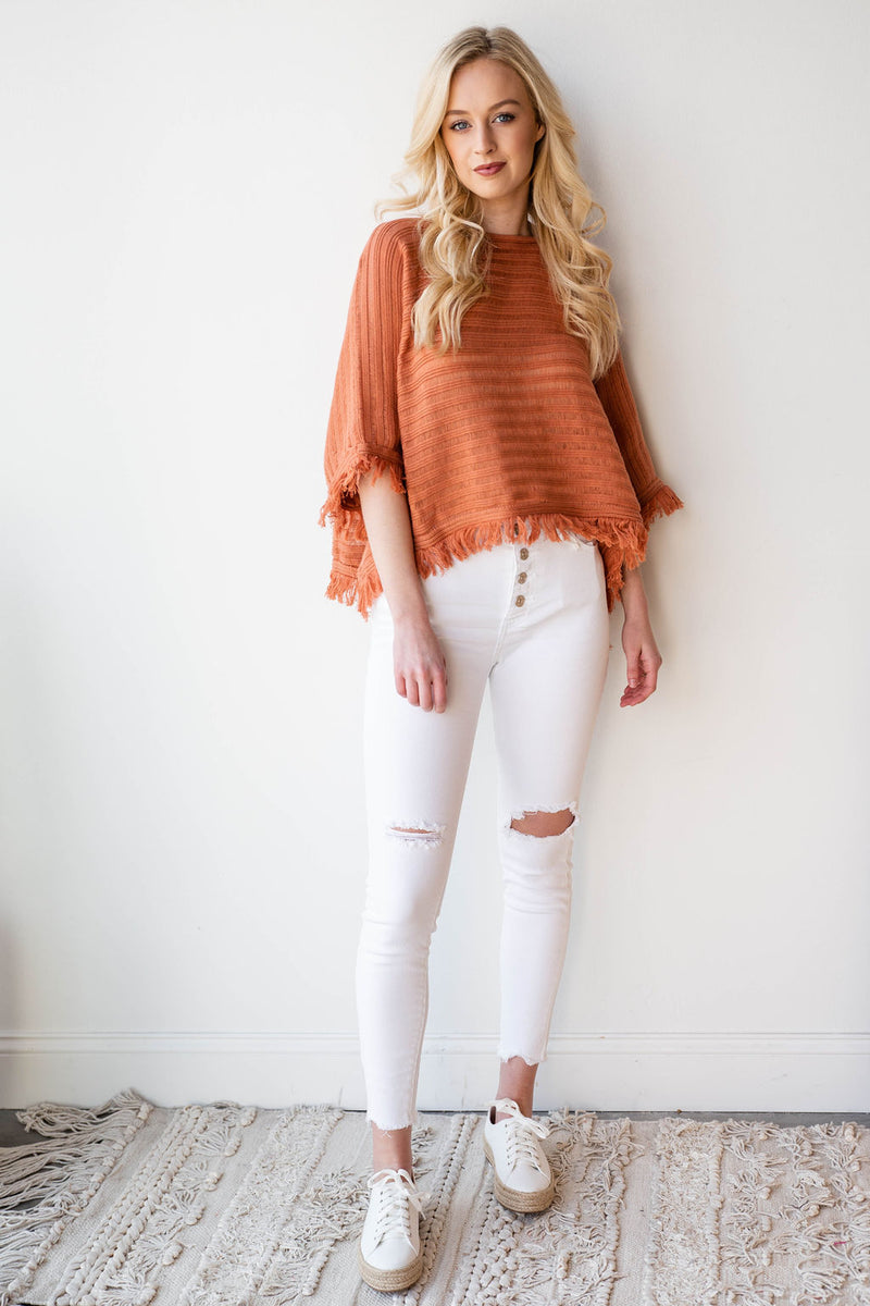 mode, fringed pullover poncho