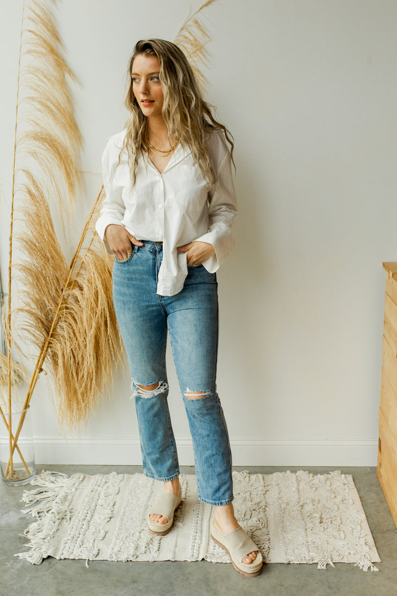 mode, woven button down shirt