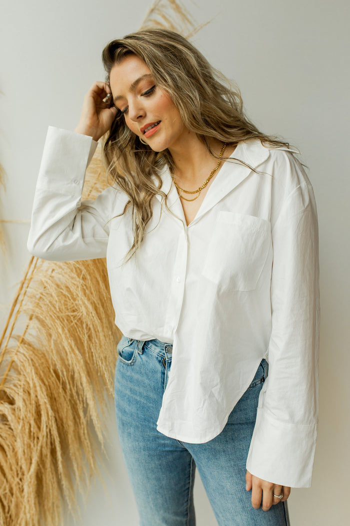 mode, woven button down shirt