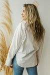 mode, woven button down shirt