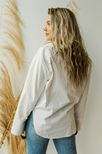 mode, woven button down shirt