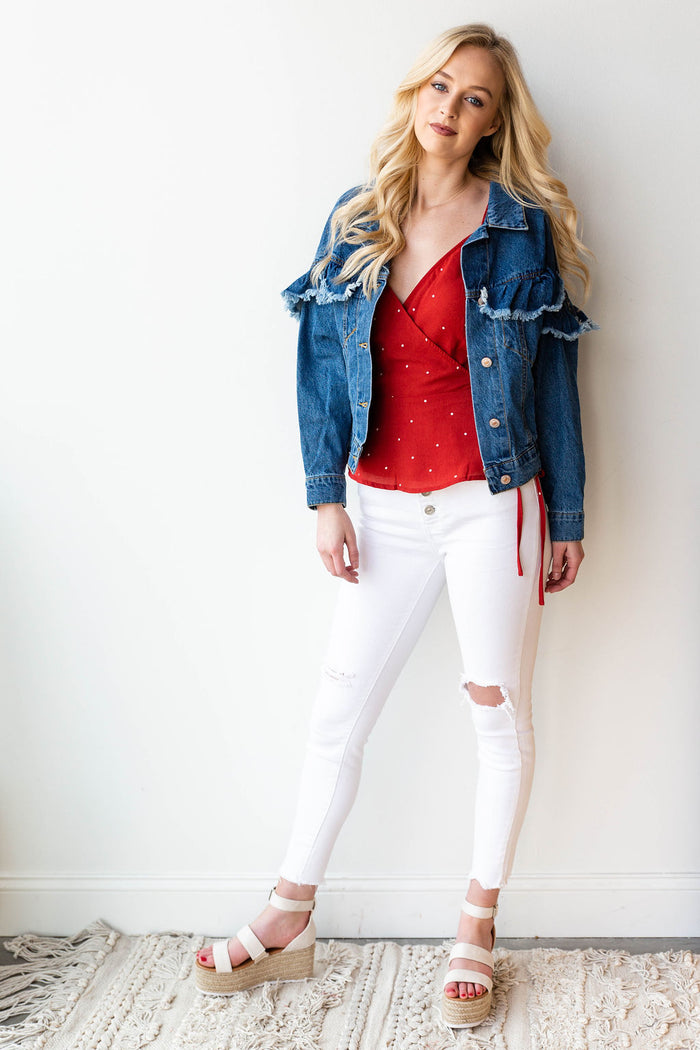 mode, ruffle denim jacket
