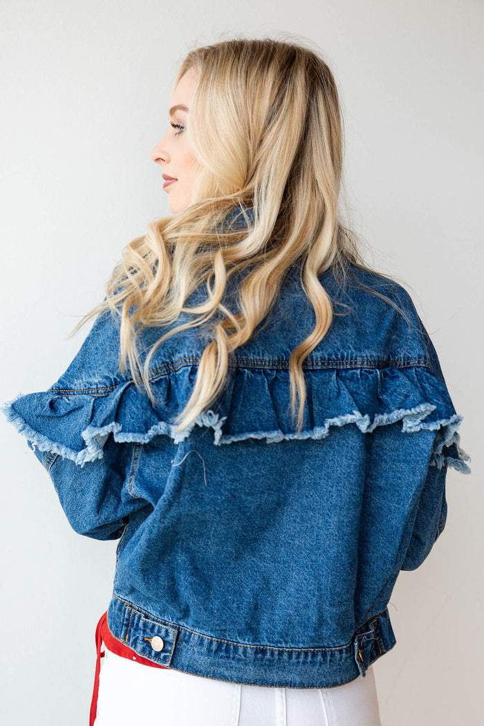 mode, ruffle denim jacket