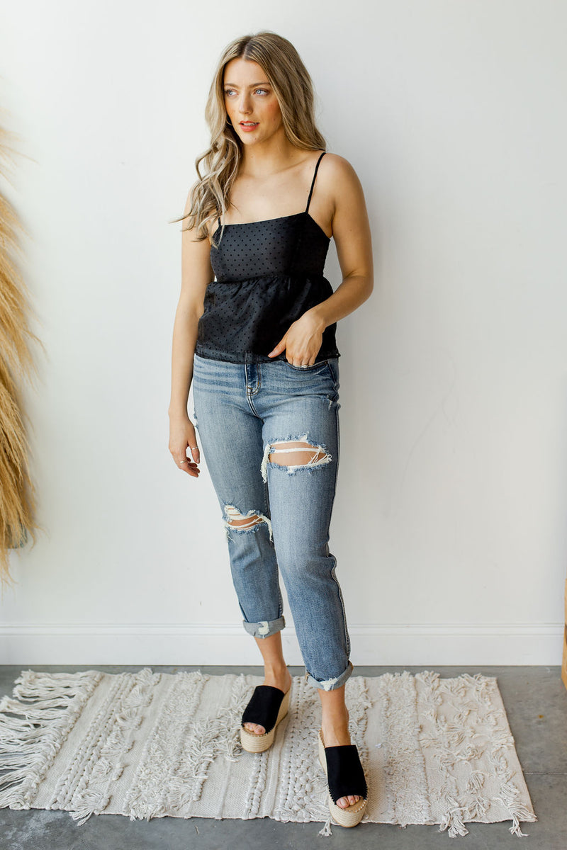 mode, sheer dot strappy top