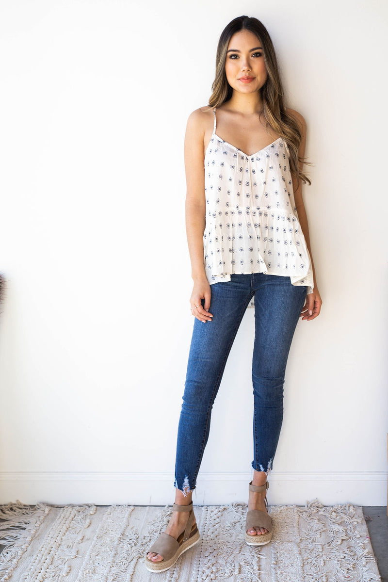 mode, dobby lace up tank + flounce hem