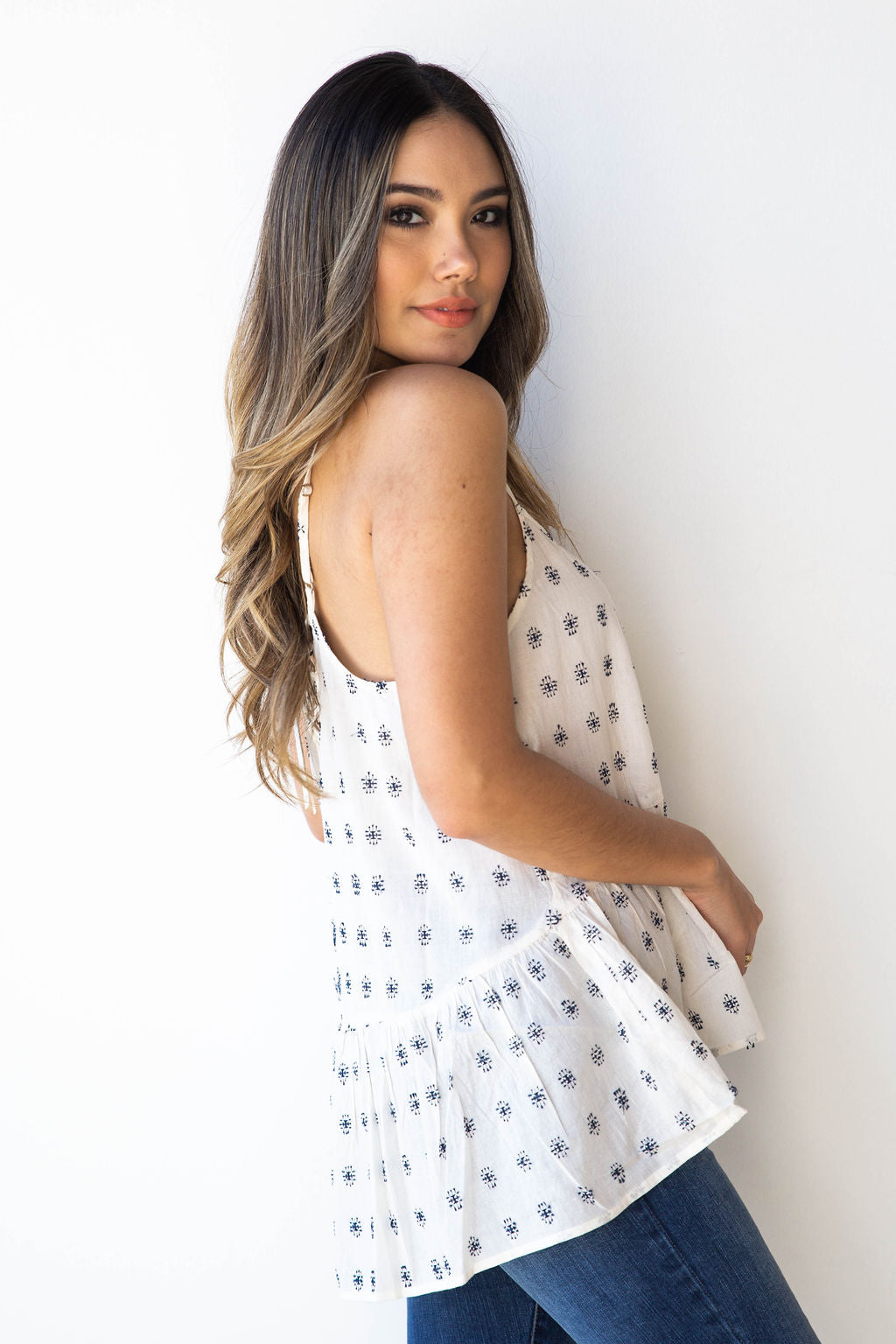 mode, dobby lace up tank + flounce hem