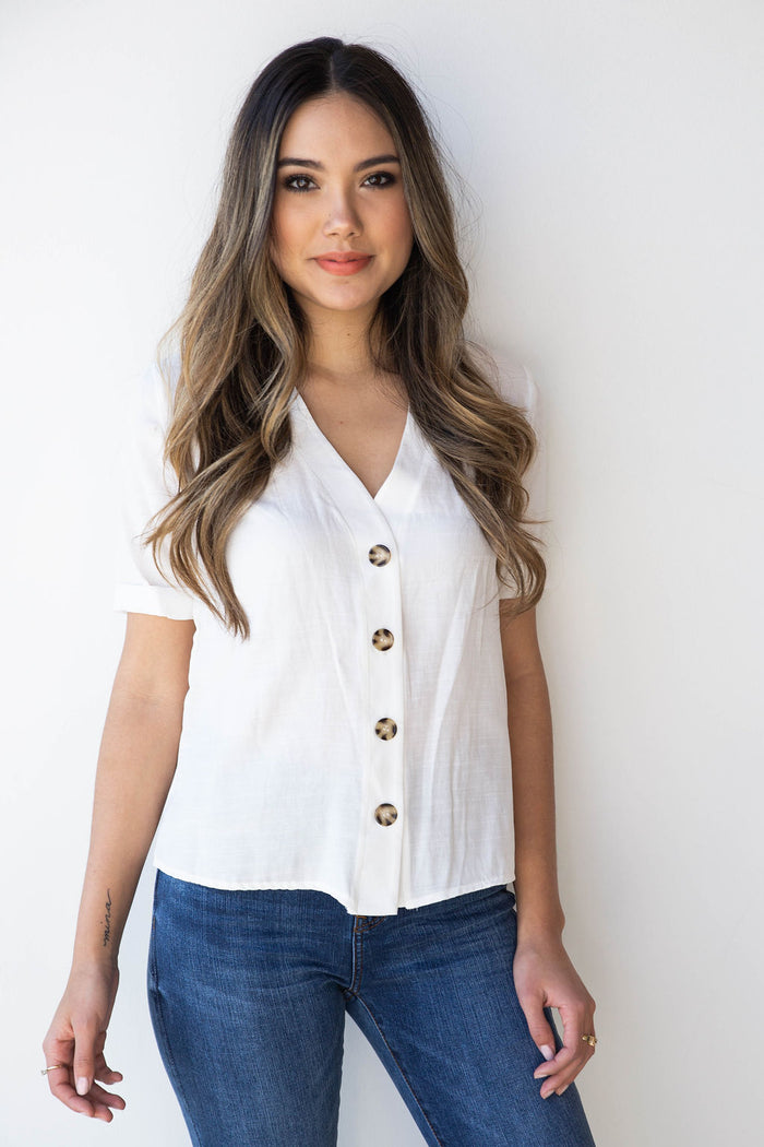 mode, linen button up boxy blouse