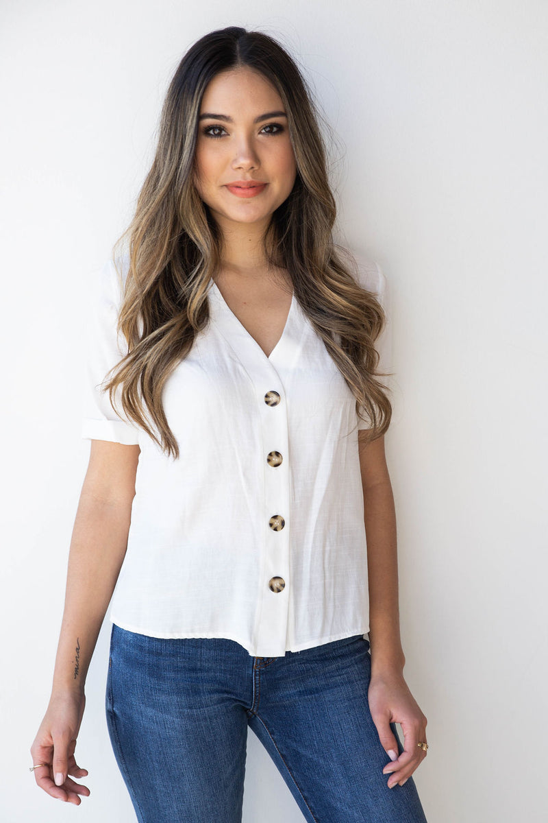 mode, linen button up boxy blouse