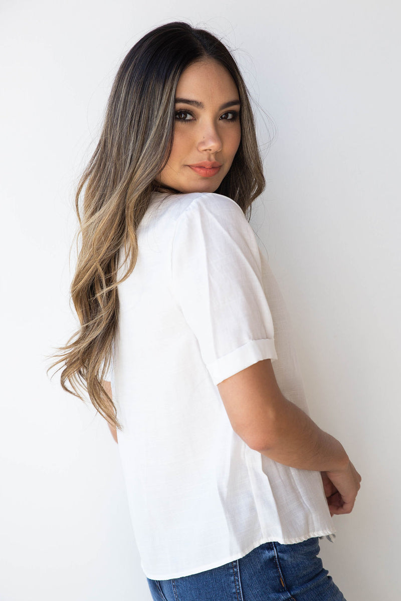 mode, linen button up boxy blouse