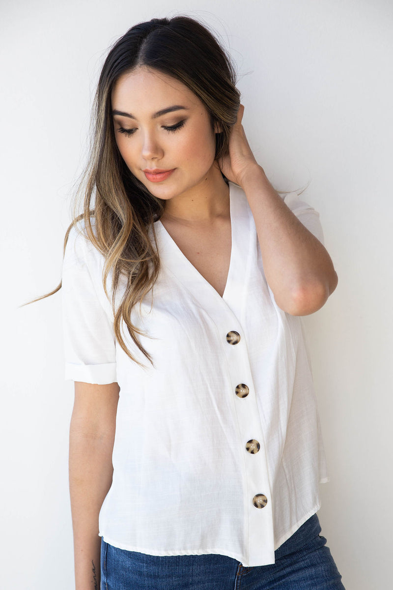 mode, linen button up boxy blouse