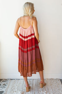 mode, sunset colors long dress