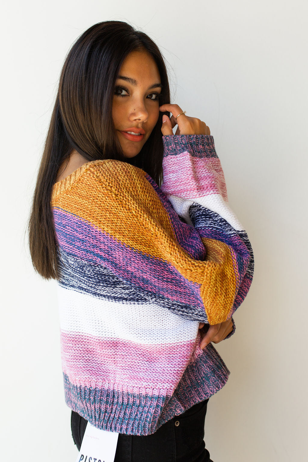 mode, line of color v neck sweater
